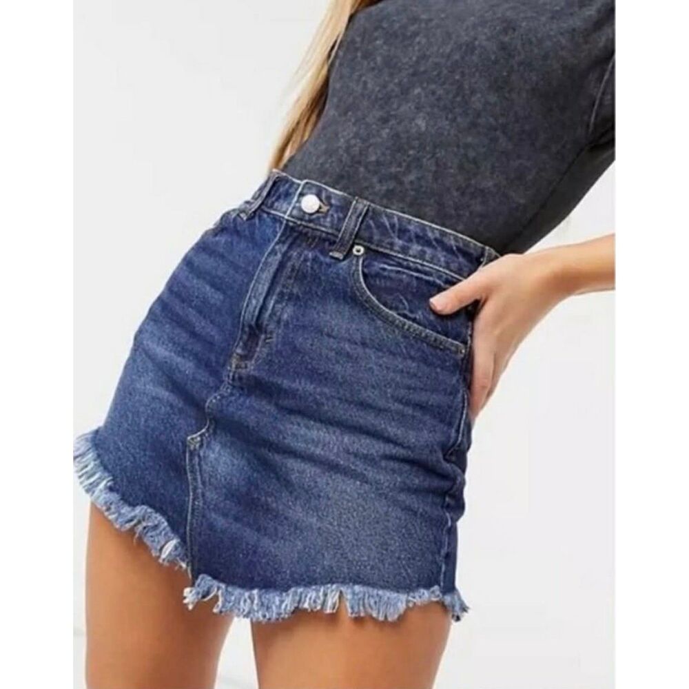 Free People Bailey Denim Fringe Dark Wash Mini Skirt, size 29